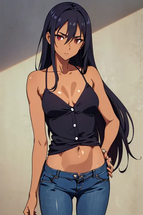 ((best quality)), ((masterpiece)), (detailed), dark tanned skin anime woman in a deep V-neck button-up cami top, (jeans), (long hair), starving, (resting hands on the stomach), (hands on the stomach), (slim body), (shiny and oily skin)