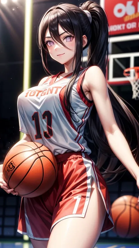 hyuuga hanabi, long hair tied low, hair band, hana purple eyes, ponytail, beautiful, beautiful woman, perfect body, perfect breasts, wearing a basketball jersey, on the basketball court, holding a basketball, basketball hoop, looking at the audience, littl...