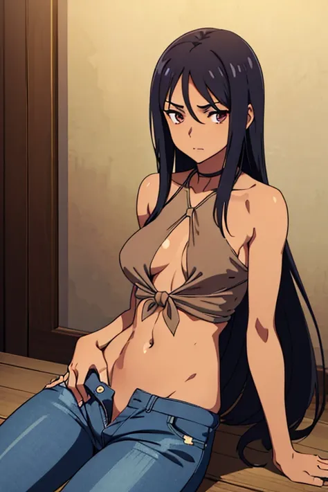 ((best quality)), ((masterpiece)), (detailed), dark tanned skin anime woman in a deep V-neck tied top, (bare shoulders), (bare arms), (jeans), (long hair), starving, (resting hands on the stomach), (hands on the stomach), (slim body), (smooth and shiny ski...