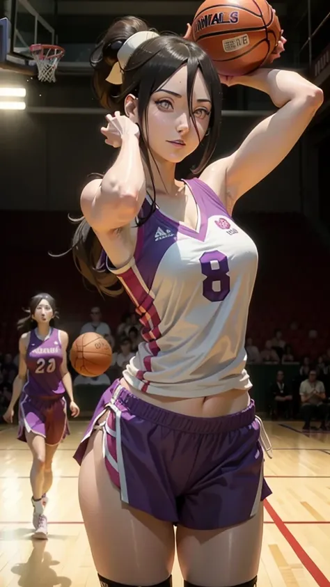 hyuuga hanabi, long hair tied low, hair band, hana purple eyes, ponytail, beautiful, beautiful woman, perfect body, perfect breasts, wearing a basketball jersey, on the basketball court, holding a basketball, basketball hoop, looking at the audience, littl...