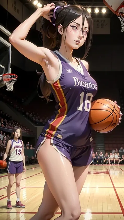 hyuuga hanabi, long hair tied low, hair band, hana purple eyes, ponytail, beautiful, beautiful woman, perfect body, perfect breasts, wearing a basketball jersey, on the basketball court, holding a basketball, basketball hoop, looking at the audience, littl...