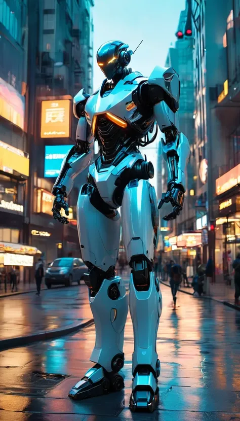 The image depicts a large, humanoid robot standing in the middle of a city street at dusk. The robot is predominantly white with black and blue accents, and it has a sleek, futuristic design with a visor-like head and articulated limbs. The setting suggest...