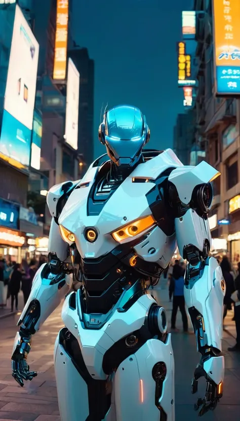 The image depicts a large, humanoid robot standing in the middle of a city street at dusk. The robot is predominantly white with black and blue accents, and it has a sleek, futuristic design with a visor-like head and articulated limbs. The setting suggest...