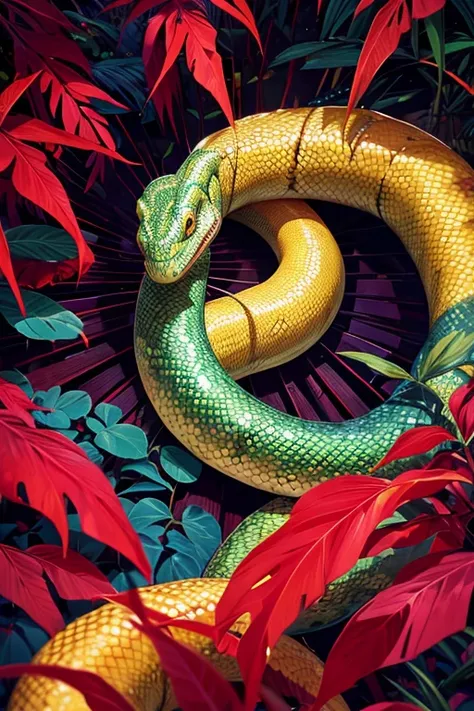 Serpiente reptil de escamas moradas con adornos decoraciones doradas ojos de color rojos en fonde de un bosque  