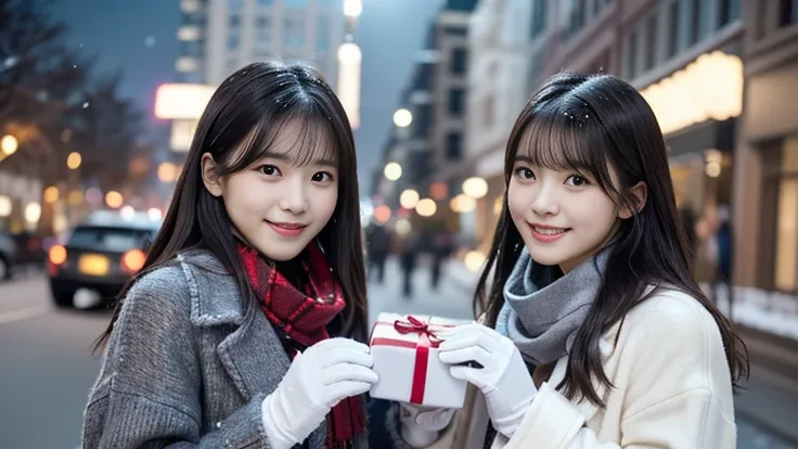 (Two long-haired girls with dull bangs in winter clothes and scarf coats.:1.5)、(A girl with a shy smile held a gift box in her hand with gloves.:1.5)、(winter snowing night street corner with christmas lights:1.5)、(perfect anatomy:1.3)、(no mask:1.3)、(Comple...