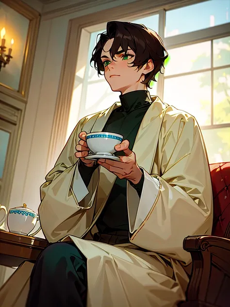 boy, dark hair, broad shoulders,Tight-fitting turtleneck, green eyes, holding a porcelain mug, saucer in hands,  cup and saucer, is sitting, looks into a cup, indifferent, in one hand there is a saucer in the other a cup, full face, Kind, front view