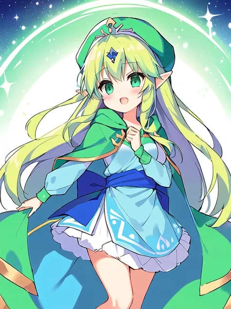 Cartoon girl in a green hat and blue dress, Princess「Kida」Kidaダガシュ, エルフPrincess, Blonde Princess, Wearing a green cloak, From The Legend of Zelda, Wearing a green cloak, Zelda-inspired art, Wearing a green cloakいる, Wearing a long haired cloak, Princess Zel...