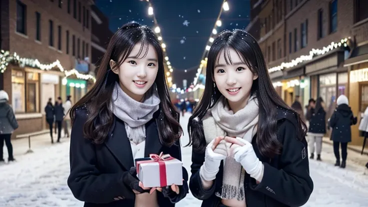 (Two long-haired girls with dull bangs in winter clothes and scarf coats.:1.5)、(A girl with a shy smile held a gift box in her hand with gloves.:1.5)、(winter snowing night street corner with christmas lights:1.5)、(perfect anatomy:1.3)、(no mask:1.3)、(Comple...