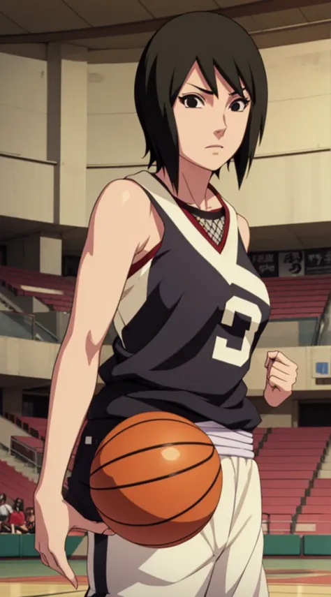 shizune, short hair, hairband, black eyes, beautiful, gorgeous woman, perfect body, perfect breasts, wearing a basketball jersey...