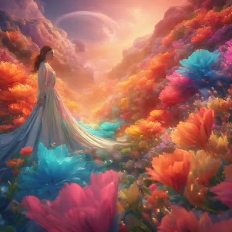 a woman in a bright dress walks through a whirlpool of lush clouds, colorful digital fantasy art, Beautiful color art!, Beautiful and colorful, with beautiful flowers, beautiful digital art, beautiful gorgeous digital art, colorful HD picture, Gently swirl...