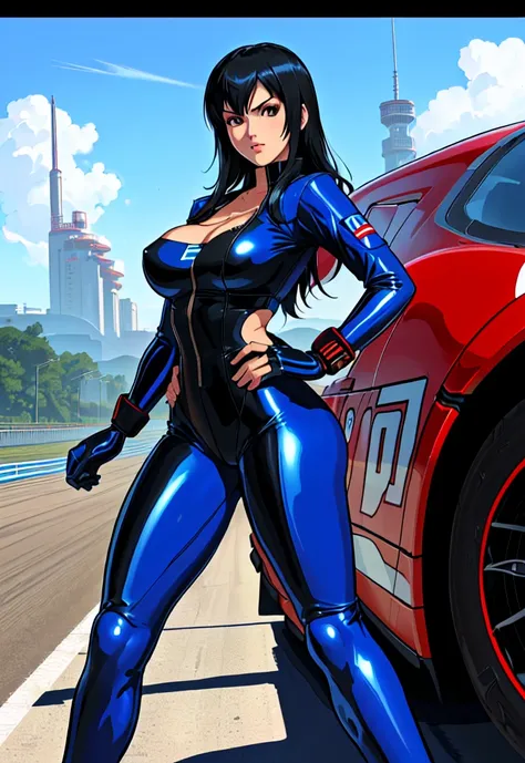 (a cartoon picture of a solo woman in a blue latex suit inspired by: nico robin, tifa lockhart, marin kitagawa fanart, hinata hy...