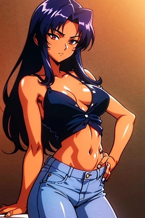 ((best quality)), ((masterpiece)), (detailed), dark tanned skin anime woman in a deep V-neck button-up cami top, (jeans), (long hair), starving, (resting hands on the stomach), (hands on the stomach), (slim body), (smooth and shiny skin), resting hands on ...