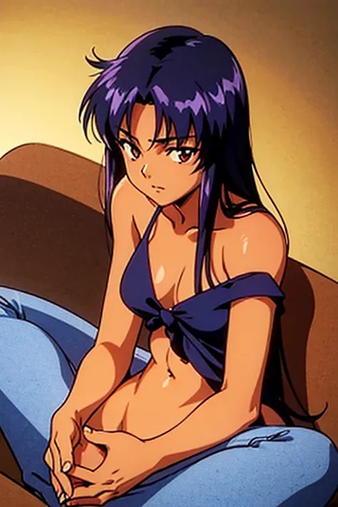 ((best quality)), ((masterpiece)), (detailed), dark tanned skin anime woman in a deep V-neck tied top, (bare shoulders), (bare arms), (jeans), (long hair), starving, (resting hands on the stomach), (hands on the stomach), (slim body), resting hands on top ...