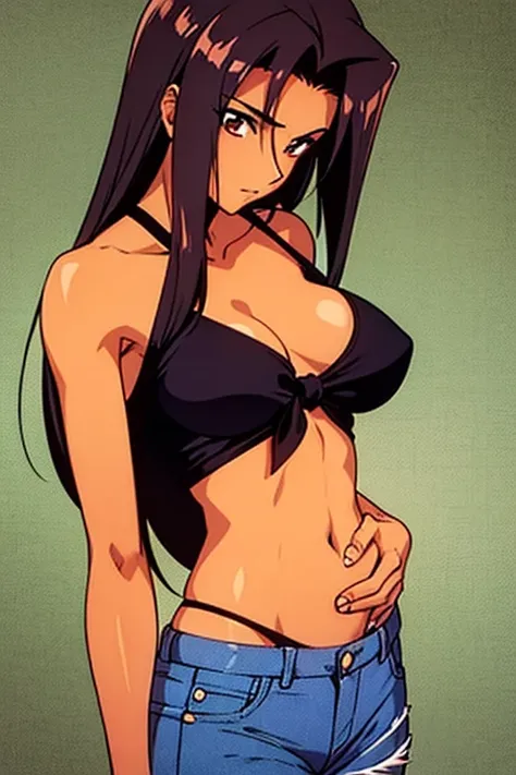 ((best quality)), ((masterpiece)), (detailed), dark tanned skin anime woman in a deep V-neck tied top, (bare shoulders), (bare arms), (jeans), (long hair), starving, (resting hands on the stomach), (hands on the stomach), (slim body), resting hands on top ...