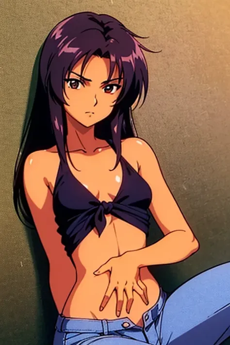 ((best quality)), ((masterpiece)), (detailed), dark tanned skin anime woman in a deep V-neck tied top, (bare shoulders), (bare arms), (jeans), (long hair), starving, (resting hands on the stomach), (hands on the stomach), (slim body), resting hands on top ...