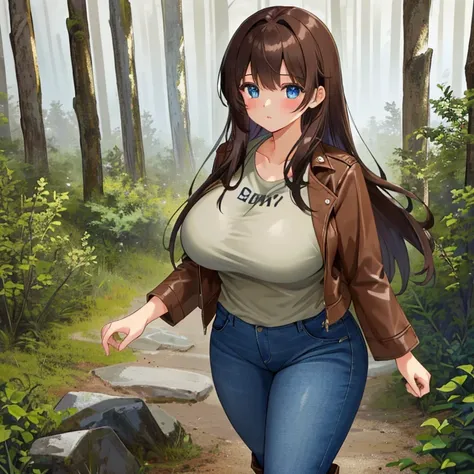 A Beautiful Cute Girl, with ((Lush, Long Dark-Brown Hair)), (Big Beautiful Blue Eyes), Very Large Chest, Huge Hips, and a very Athletic Figure. She’s wearing a (Brown-Leather-Jacket), a LightBlue Shirt, (Very Weathered, Dark-Blue Jeans), and (Grey Boots). ...