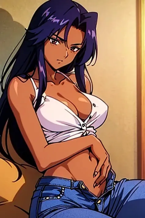 ((best quality)), ((masterpiece)), (detailed), dark tanned skin anime woman in a deep V-neck button-up cami top, (jeans), (long hair), starving, (resting hands on the stomach), (hands on the stomach), (slim body), resting hands on top of the tummy