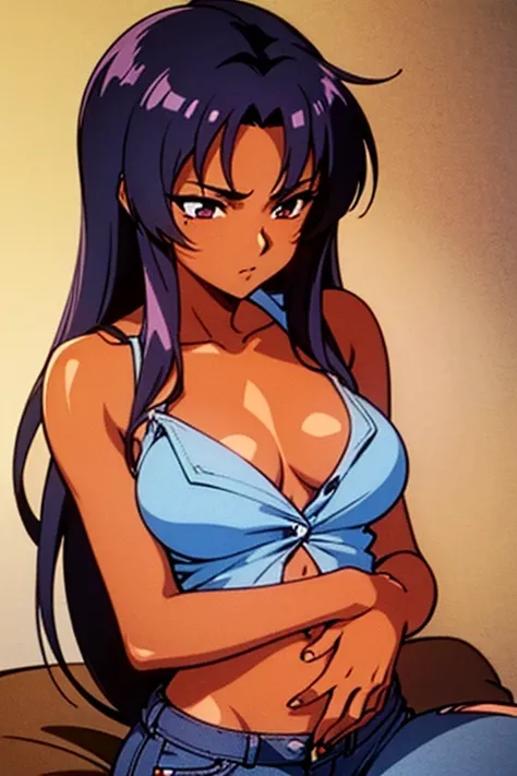  ((masterpiece)), (detailed), dark tanned skin anime woman in a deep V-neck button-up cami top, (jeans), (long hair), starving, (resting hands on the stomach), (hands on the stomach), (slim body), resting hands on top of the tummy