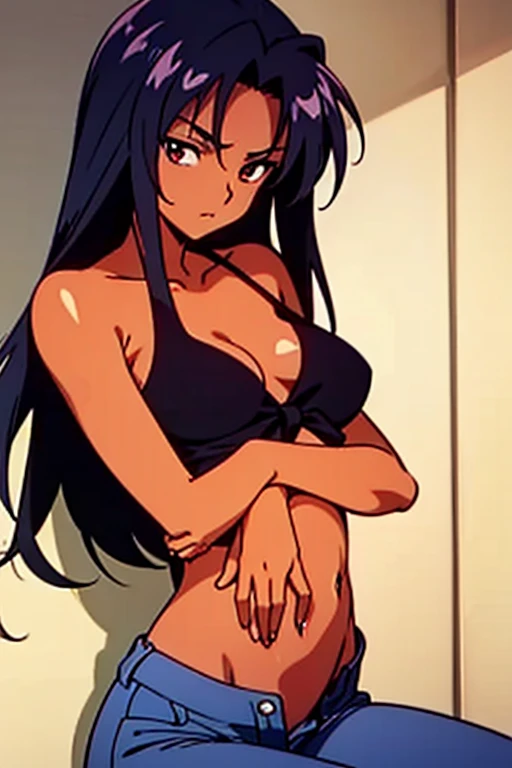 ((masterpiece)), (detailed), dark tanned skin anime woman in a deep V-neck tied top, (bare shoulders), (bare arms), (jeans), (long hair), starving, (resting hands on the stomach), (hands on the stomach), (slim body), resting hands on top of the tummy