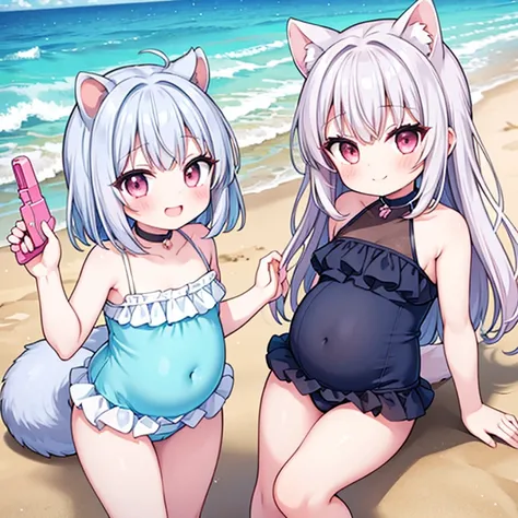 Two Girls、Ocean、Beach、Play with a water gun、Frilled swimsuit、13. The Best Girl、Squirrel ears、Dog Ears、Silver hair with black mesh、Pink Hair、smile、Pregnant women