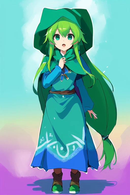 Cartoon girl in a green hat and blue dress, Princess「Kida」Kidaダガシュ, エルフPrincess, Blonde Princess, Wearing a green cloak, From The Legend of Zelda, Wearing a green cloak, Zelda-inspired art, Wearing a green cloakいる, Wearing a long haired cloak, Princess Zel...