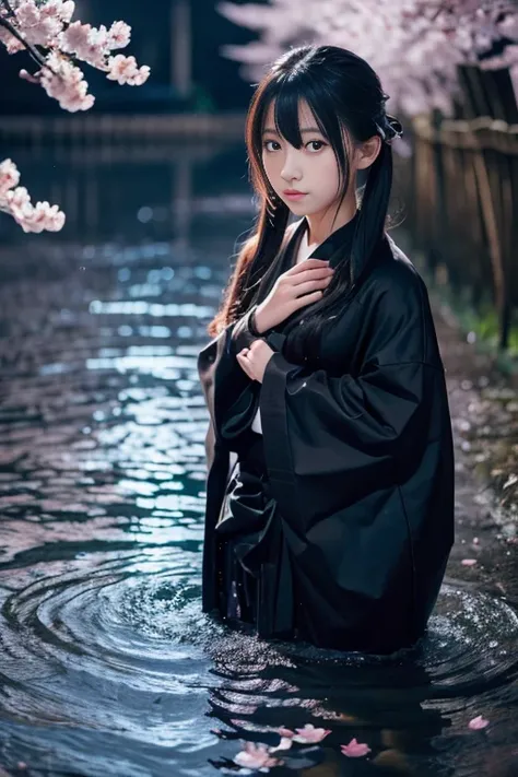 A 14-year-old Japanese girl、Although she is a female ninja, she is also a beautiful idol-like girl.。In the rain at night、Cherry blossom petals floating in the water。The background is pitch black、The moonlight barely illuminates the woman.。The woman is in t...