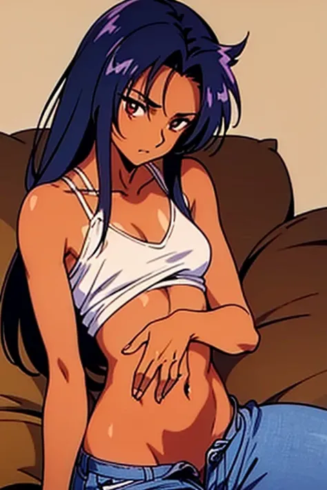  ((masterpiece)), (detailed), dark tanned skin anime woman in a V-neck collar shirt, (bare shoulders), (bare arms), (jeans), (long hair), starving, (resting hands on the stomach), (hands on the stomach), (slim body), resting hands on top of the tummy