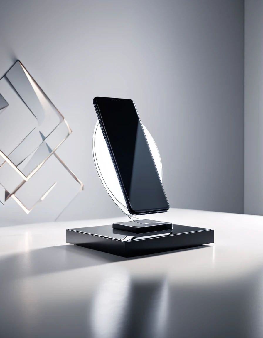 a sleek and modern product photography scene, with a minimalist smartphone hovering above a polished surface with geometric ligh...