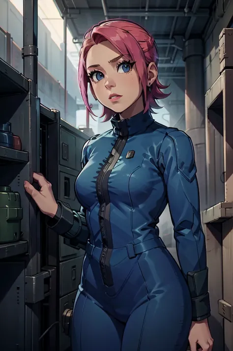 mayl sakurai reimagined as a vault dweller, doing maintenance in an underground vault. her vibrant pink hair stands out against ...