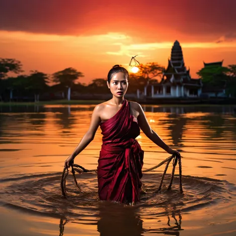 panic-sticken beautiful woman in Thai ancient dark red breast cloth, pretty face with tear and sweat, frightful facial expression, perfect body, wet black messy bun hair, her hands tied with rope, walking into the water, she is sentenced to death by drowni...