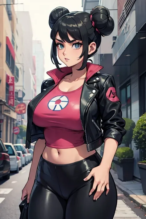 rosa pokemon with large side buns, leather jacket, leggings, big breasts oversized