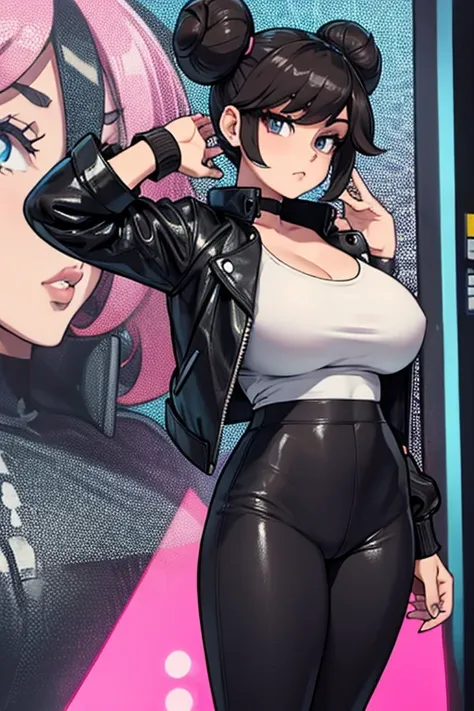 rosa pokemon with large side buns, leather jacket, leggings, big breasts oversized