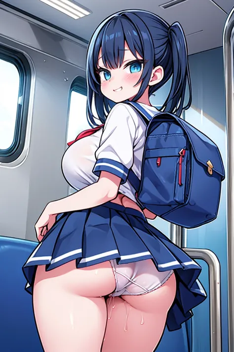 Masterpiece, best quality, official art, 8k wallpaper, very detailed, illustration, 1girl, grinning, black hair with blue highlights, light blue highlights in hair, blue highlights, wide hips, (huge breasts), sailor top, backpack, standing, (view from behi...