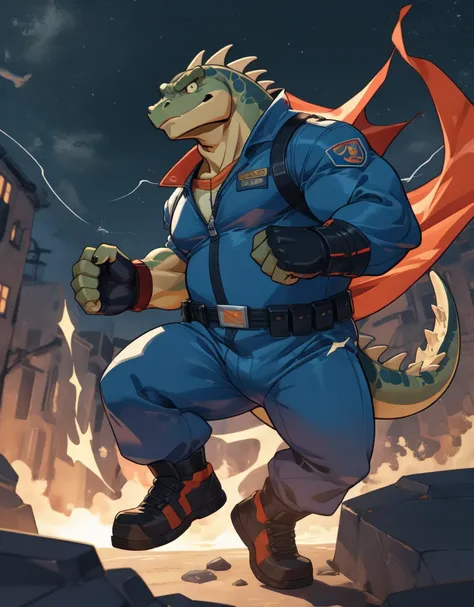 A anthropomorphic or chubby lizard, wearing a one-piece superhero jumpsuit, useing flyrokinesis to make a forcefeald to protect him self from dangerous aliens,full body, action  scene, combat, high action, intense  scene,