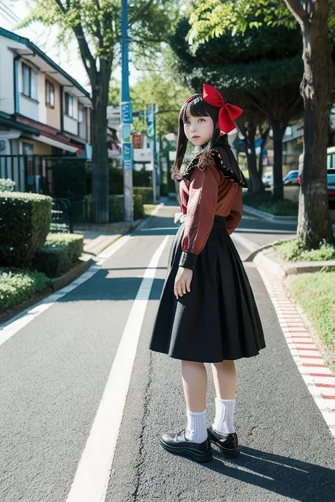 live-action　Long skirt　Enamel Gothic Lolita　Residential Street　female kindergartener　Transforms opponents&#39; skin into a yellow rubber suit with a bee pattern　Multiple people　Shiny patent leather rubber dress　Japanese