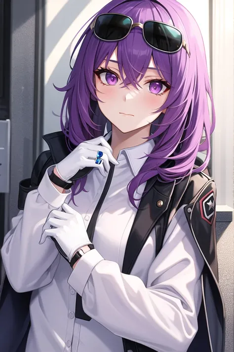 1girl, bangs, closed mouth, eyewear on head, gloves, hair between eyes, jacket, jewelry, long sleeves, looking at viewer, pink eyes, purple eyes, purple gloves, purple hair, ring, shirt, solo, star-kafka, sunglasses, upper body, white shirt,(mature female)