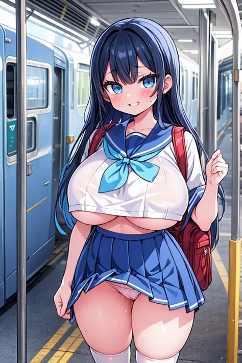 Masterpiece, best quality, official art, 8k wallpaper, very detailed, illustration, 1girl, grinning, black hair with blue highlights, light blue highlights in hair, blue highlights, wide hips, (huge breasts), sailor top, backpack, standing, bratty, inside ...