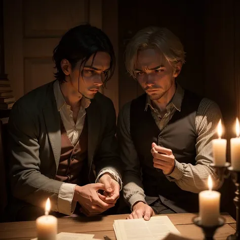 Two men engaged in deep conversation in a dark and old house. The dimly lit room was filled with the flickering glow of a single candle, casting long, ominous shadows across the worn wooden floor. The men, dressed in tattered clothing, leaned in closer tog...