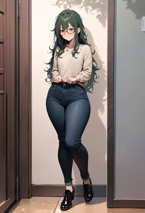 masterpiece, best quality, 1 female, solo, 35 year old female,full body,standing ,casual outfit, jeans,flat chest,Long Hair, Dark Green Hair,messy hair,glasses, red eyes,Shy , wide hips,tall,butt is facing towards me.