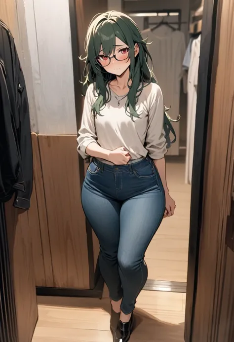 masterpiece, best quality, 1 female, solo, 35 year old female,full body,standing ,casual outfit, jeans,flat chest,Long Hair, Dark Green Hair,messy hair,glasses, red eyes,Shy , wide hips,tall,butt is facing towards me.