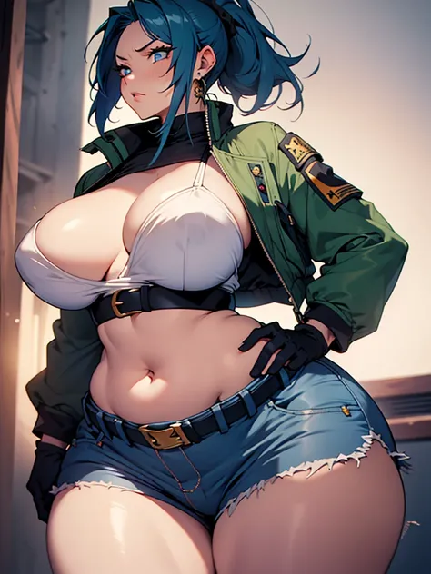 masterpiece,, best quality, highres, 1girl, leona heidern, blue hair, blue eyes, ponytail, green shorts, midriff, crop top, black gloves, breasts, military uniform, green jacket, earrings, jewelry, navel, large breasts, cowboy shot, expressive eyes, perfec...