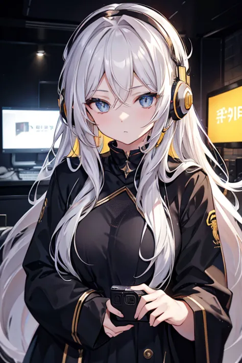 golden eyes、woman using computer with big screen、silber hair、semi-long hair、wearing cool headphones,{{{{{{{{ black parker oversi...