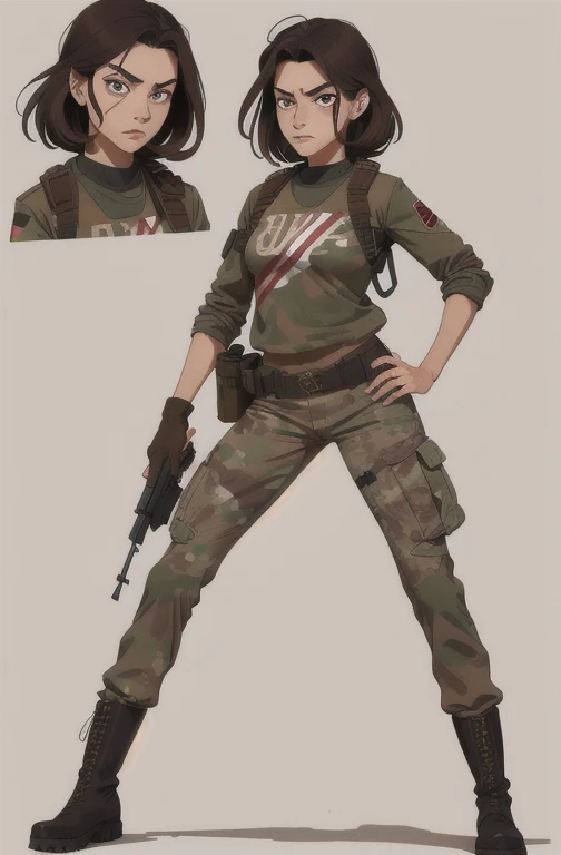 Mujer rusa militar, very short and messy dark brown hair, ojos de color rojo vino, ojeras muy notorias, usa cubrebocas, long military print pants, botas, camiseta negra manga larga, apuntando con un sniper.