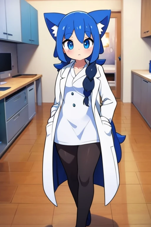 Female Meowstic(pokemon), human shaped, lab coat