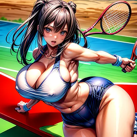 Hot anime girl playing tennis、Camel Toe、Giant tit、Nipple Puffs、Cleavage、Plump、Super big breasts、Super big butt