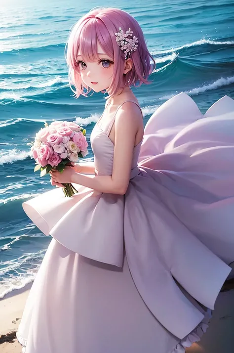 Pink and light blue dreamy hair　Wave Shorthair　Purple Eyes　Beautiful girl white feather　wedding　White Dress　flower　Ocean