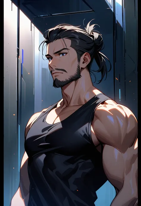 A young man, 25-years-old, solo, Caucasian, mature face, mustache, beard, black hair tied back in a bun, black eyes, neutral facial expression, black tank-top, broad shoulders, muscular, upper body, titanium walls