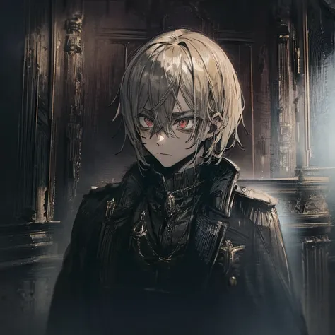 portrait of a mysterious adult man with short blond hair, blood red eyes and a stern look. he wears a black steampunk-style mili...