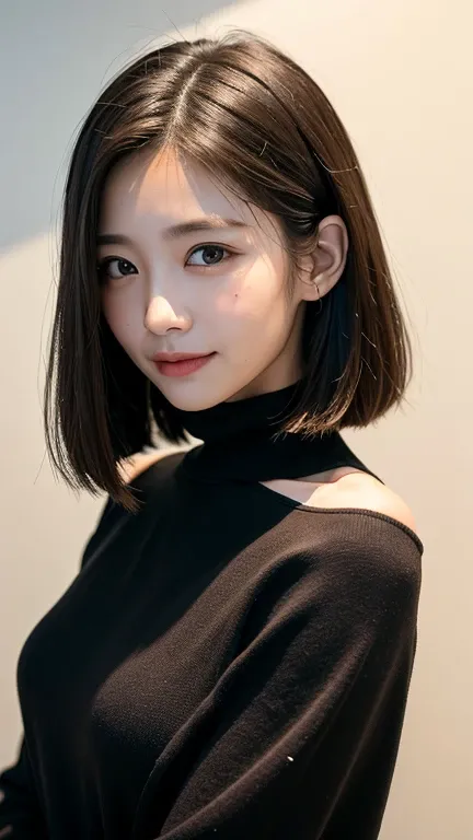 (((Close-up of face)))、(((Absolutely shoulder-length brown straight short bob)))、(((She is posing like a hair salon model, with a black wall indoors as the background.)))、(((Casual black winter long sleeves with shoulders covered)))、Half Japanese, half Kor...