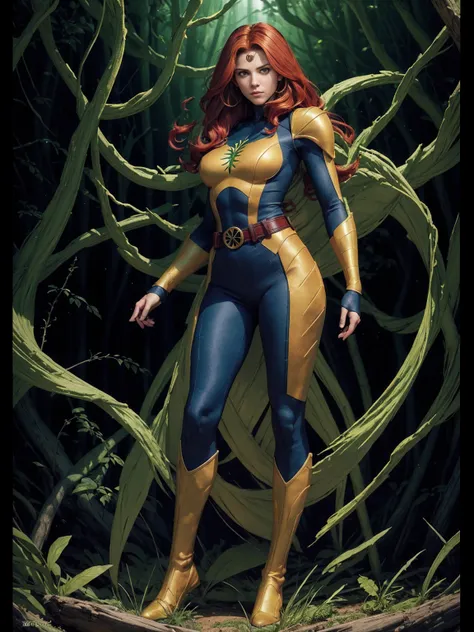 ((full body photo,standing,)) (best quality,4k,high),x-men,realistic,beautiful detailed green and gold woman posing for a photo,...